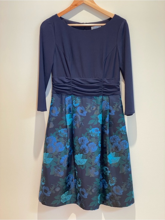 Dresses & Skirts - Navy Floral A-Line Dress with Three-Quarter Sleeves